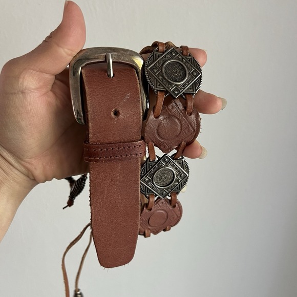 Vintage Genuine Leather Concho Belt Brown Boho Southwestern Silver Medallion L main image 4